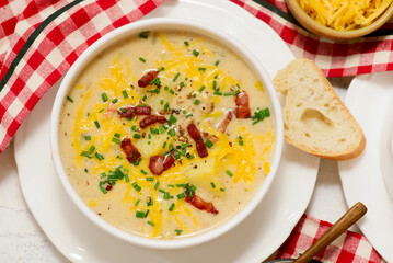 Cheeseburger Soup with Cheddar Cheese and Bacon.style rustic