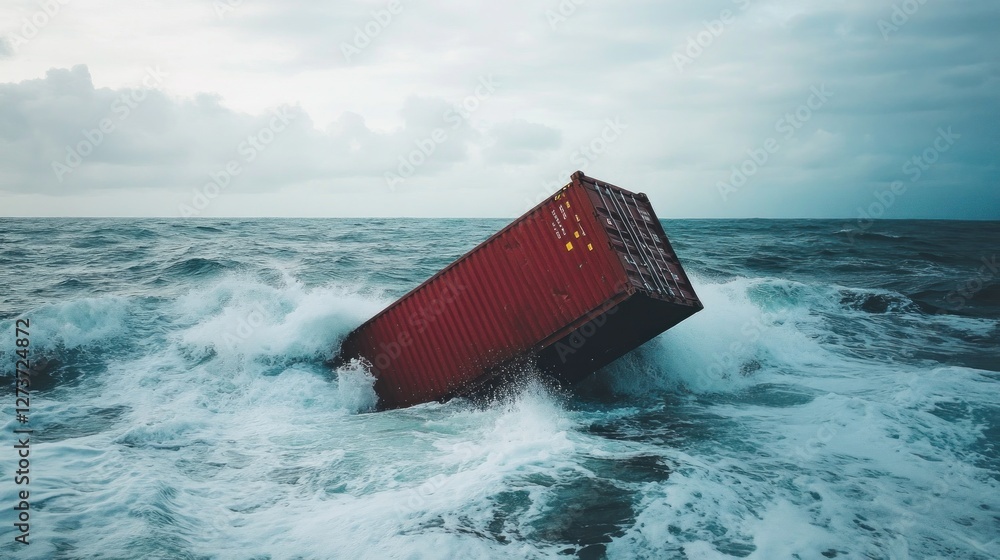 Poster a shipping container partially submerged in turbulent ocean waves.