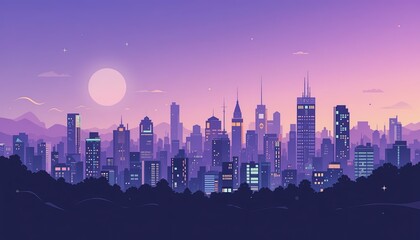 Obraz premium City skyline at sunset with mountains in the background