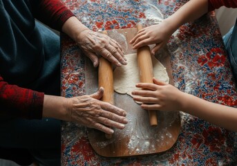 Weathered and youthful hands kneading dough together on rustic wooden surface, representing intergenerational culinary knowledge sharing and familial bonding