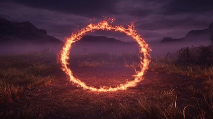 At dusk, a quiet meadow is set aglow by a hovering circle of fire that lights up the surrounding grass and flowers
