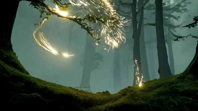 Magical forest exploration with glowing sparks