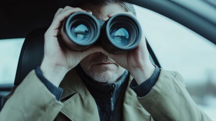 A detective sitting in a car, observing a location. Featuring surveillance and caution