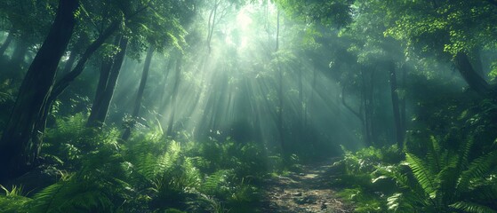 Obraz premium Enchanted Forest Path Bathed in Sunlight A Serene Journey Through Lush Greenery and Mist