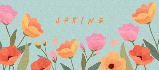 Spring card, banner or horizontal poster for spring holidays with cute flowers pattern. Hand drawn Floral art template for Easter,, birthday or Mothers Day decor and greetings