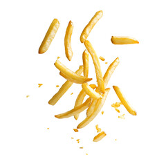 Close-up of fallen french fries. French fries Isolated on white background