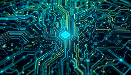 : A 2D illustration of a complex, maze-like circuit design with glowing neon lines in shades of blue and green. The circuits weave and connect in an intricate pattern, evoking a sense of advanced tech