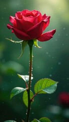Obraz premium Delicate red rose stems sway in morning mist and raindrop sparkle, foliage, water droplets, blooming