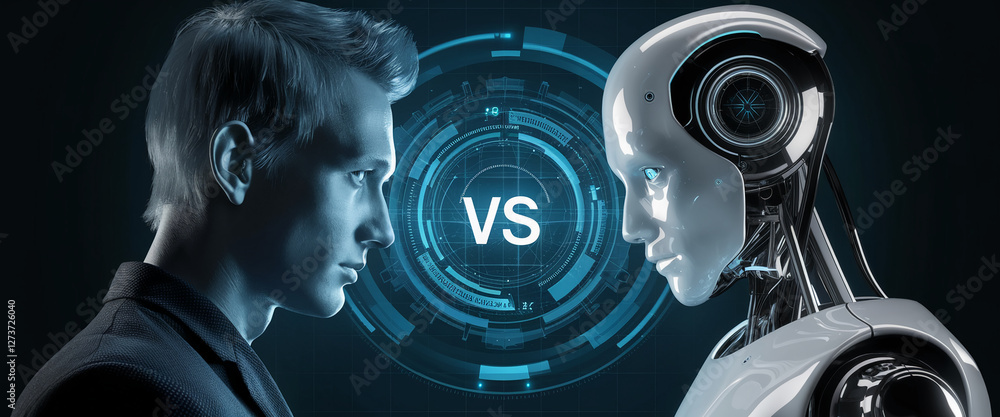Poster close-up of a human and robot facing each other with a 