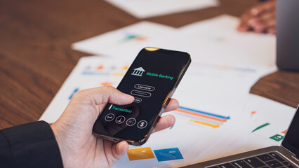 online banking, digital transactions, and financial technology, showing a person using a mobile banking app on a smartphone financial. fintech, digital payments, money management, and finance.