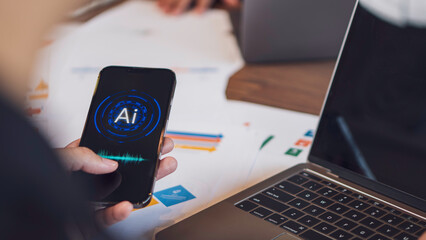 hand holding smart phone voice command with digital Artificial intelligence AI, technology smart...