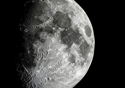 Detailed View of Half Moon, Generative AI image, Waxing Gibbous Moon in Dark Sky, Generative AI image - Powered by Adobe