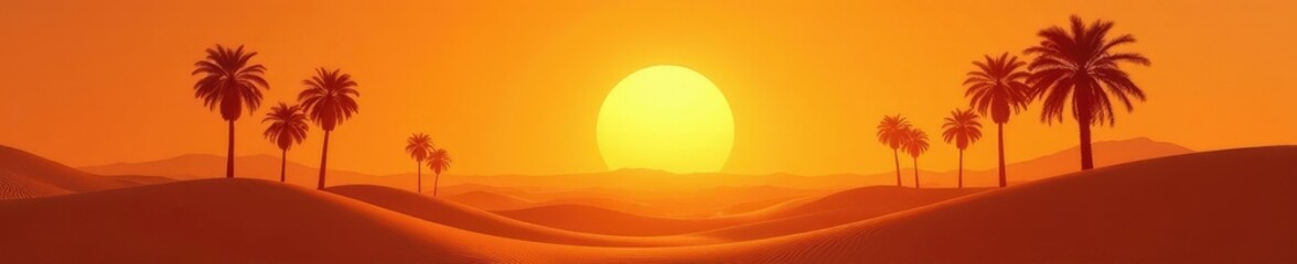 Obraz premium Desert landscape with palm trees against a bright orange sky, golden_hour, warm_light, desert_landscapes