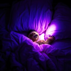 Naklejka premium Sloth peacefully sleeping under soft purple blankets in a cozy bedroom during nighttime