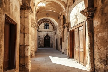 Fototapeta premium Ancient stone corridor with arched doorways sunlight.