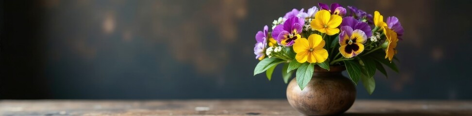 Obraz premium Forget me not and pansy bouquet in a rustic wooden vase, pansies, forget me not