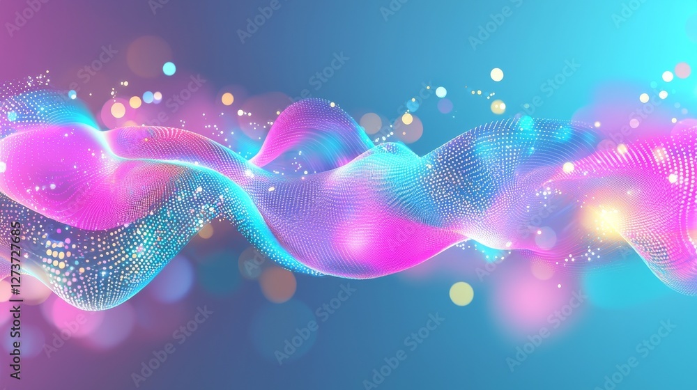 Poster the movement of data in cyber space is futuristically visualized with radiant particles and oscillat