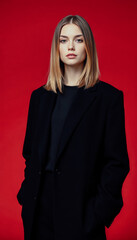 Naklejka premium Blonde woman in a black blazer standing confidently against a striking red background.