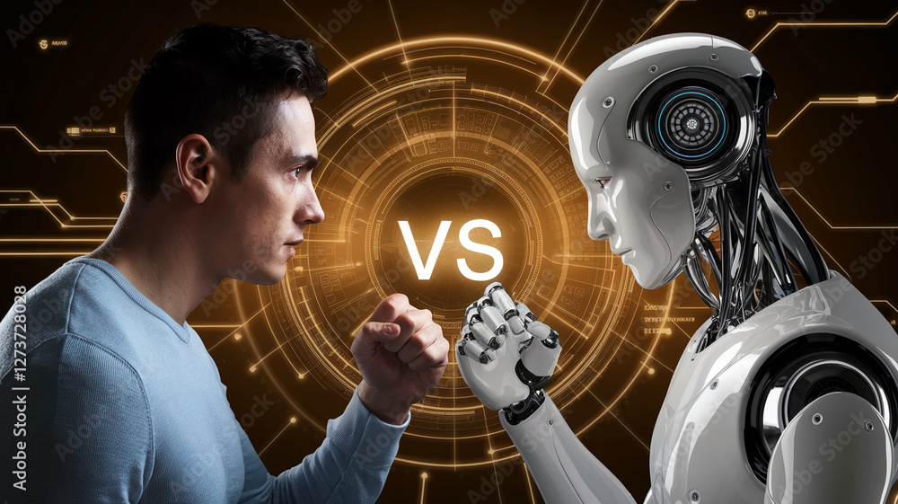Poster close-up of a human and robot facing each other with clenched fists, representing a dramatic confron