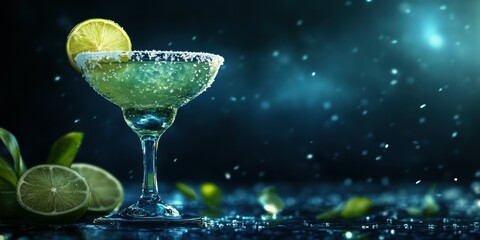 Refreshing margarita cocktail with lime garnish on a dark background at a lively evening gathering