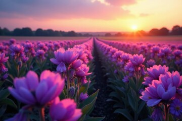 Obraz premium Purple flower field stretching towards the horizon at dawn, flowers, natural, purple