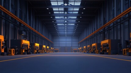 Obraz premium Modern Industrial Warehouse Interior with Machinery and Spacious Aisles Under Bright Lights