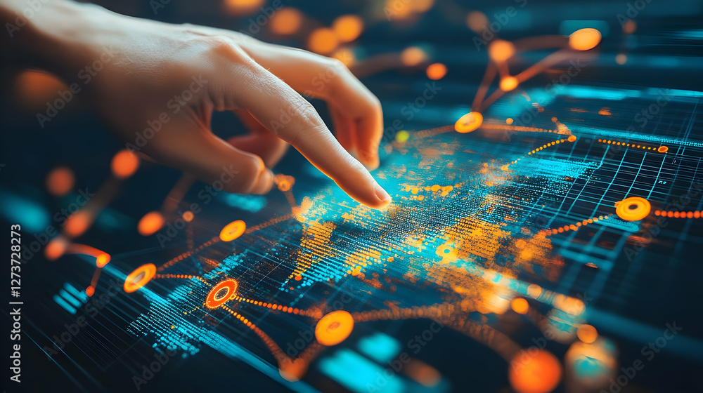 Poster hand interacts with global network map