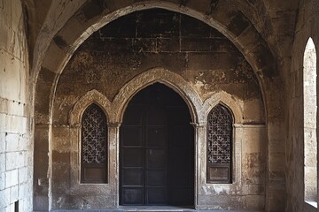 Ancient stone arched doorway architecture with windows.