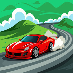 Fototapeta premium A red sports car driving on a winding road.