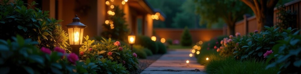 Garden lights casting a warm and cozy ambiance, cozy ambiance, garden lights, illumination