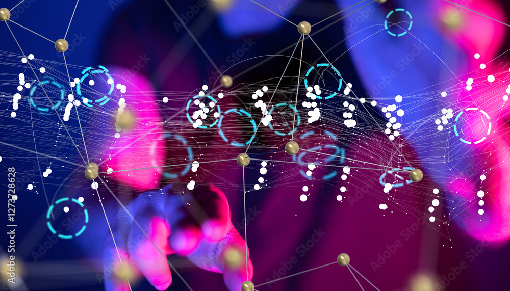 Poster Global network. Blockchain. 3D illustration. Neural networks and artificial intelligence. Abstract
