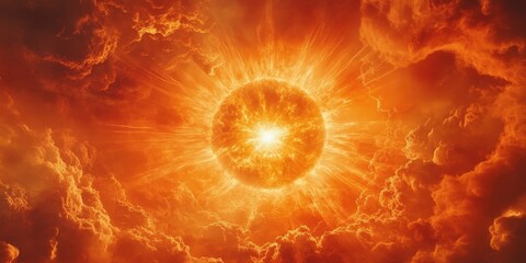 Fiery explosion radiates vibrant oranges, yellows, and reds in layered bursts from a radiant, circular core, capturing dynamic energy and intense beauty