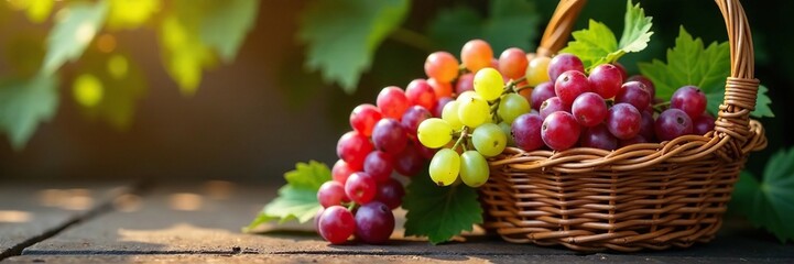 Woven wicker basket with bunches of red and green grapes hanging from it, produce, rustic