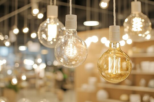 The electrical goods section of a hardware store in a shopping center has a blurred background with various lighting fixtures