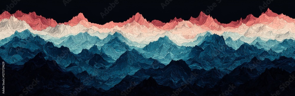 Poster a horizontal, abstract wave pattern with a colorful combination of firebrick, turquoise, and deep pi