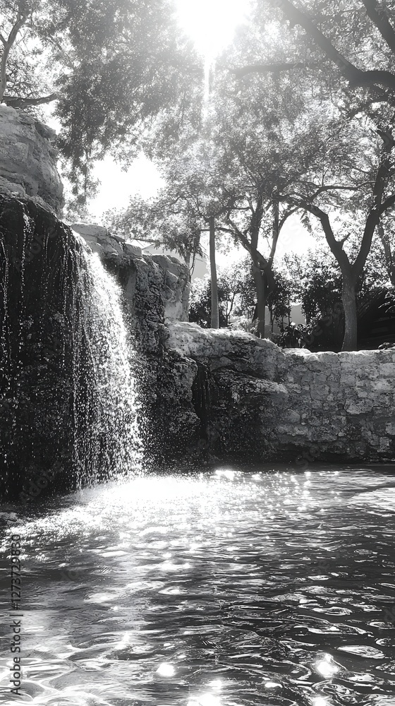 Poster serene waterfall cascading into a sparkling pool surrounded by lush trees in black and white