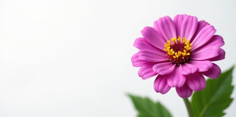 Purple zinnia bloom on a plain white background with some green leaves, summer flowers, plain background