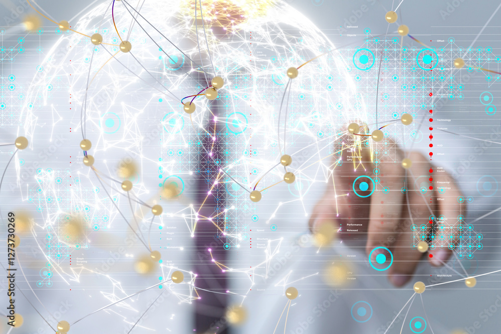 Poster Neural network 3D illustration. Big data and cybersecurity