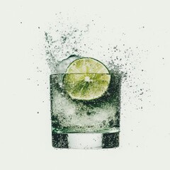 A solitary Mexican Tequila shot accompanied by salt and a lime slice set against a white backdrop