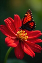 Fototapeta premium Mariposa sips nectar from a bright red isoras flower, petals, spring, flower