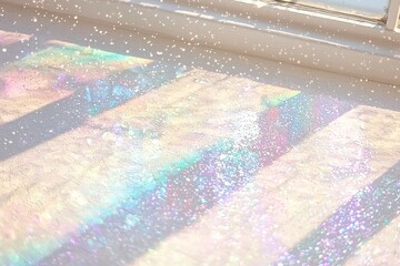 Fototapeta premium The overlay effect for photos and mockups incorporates a water texture, along with an organic drop's diagonal shadow and caustic effect, showcasing rainbow refraction of light on a white wall