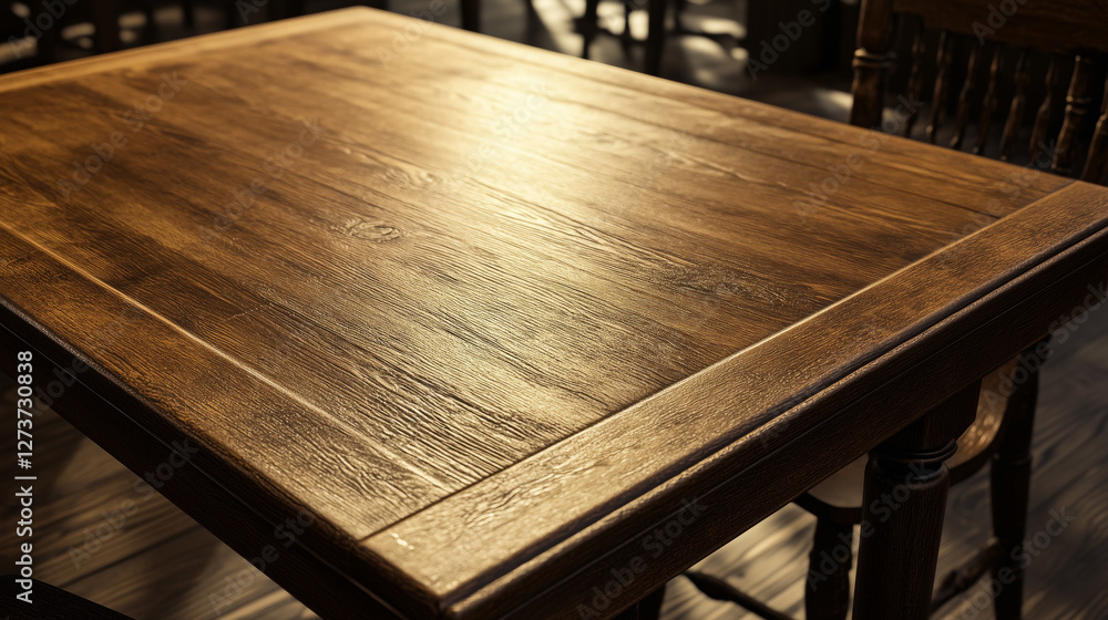 Aufkleber Wooden table background with cozy soft sunlight and shadows. Empty wooden table countertop perspective copy space