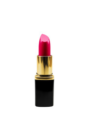 Vibrant pink lipstick in gold and black packaging.
