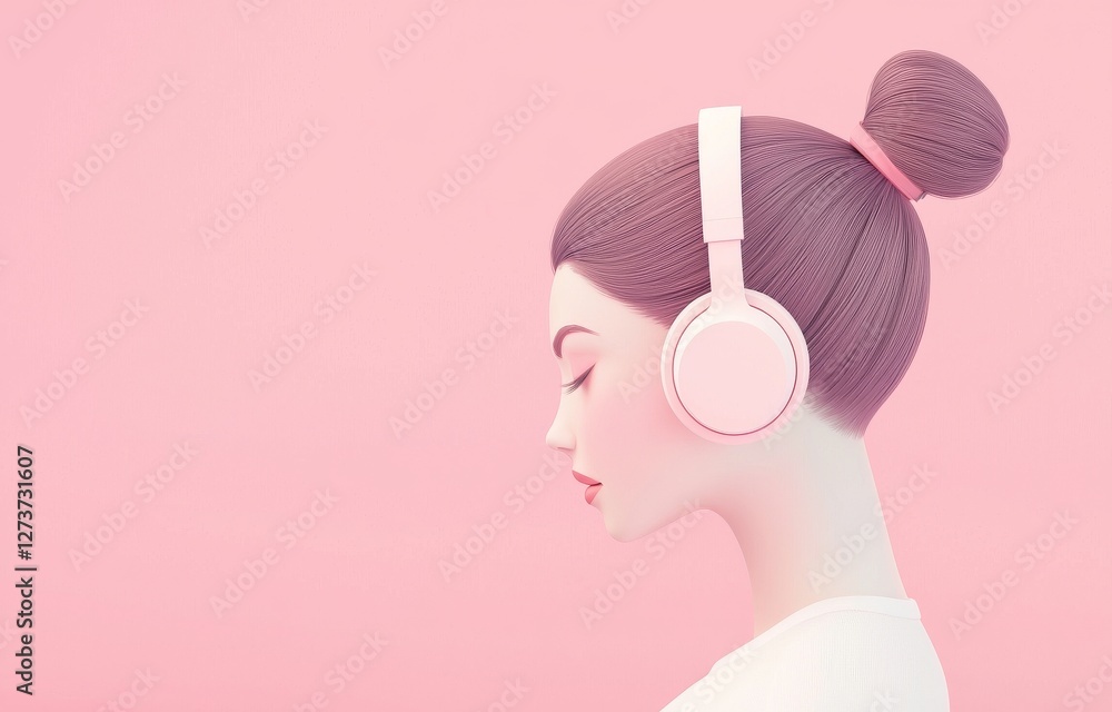 Poster a 3d render and illustration of a pink man with a headset, isolated on a pink background, conveys th