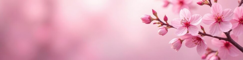 Obraz premium Pastel pink cherry blossoms in a gradient background with delicate branches and leaves, spring, abstract, soft focus