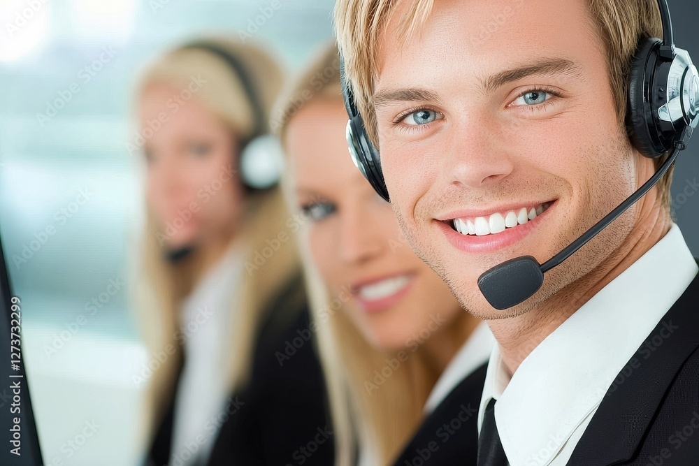 Poster picture of a smiling and happy phone operator at work in a customer support office