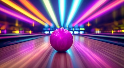 Magical bowling alley scene with glowing ball and vibrant neon light rays : Generative AI