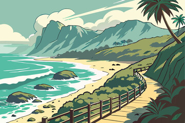  Coastal paradise, rocky shoreline, wooden boardwalk, turquoise waters, crashing waves, sandy beach, lush green cliffs, distant misty mountains, blue sky with wispy clouds, tropical vegetation, sce