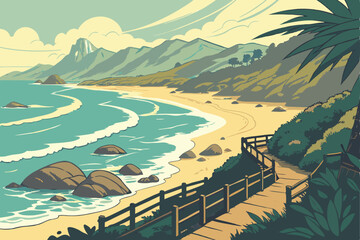  Coastal paradise, rocky shoreline, wooden boardwalk, turquoise waters, crashing waves, sandy beach, lush green cliffs, distant misty mountains, blue sky with wispy clouds, tropical vegetation, sce