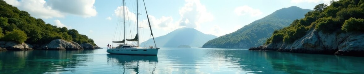 Sailing yacht anchored in secluded cove serene atmosphere, serenity, secluded